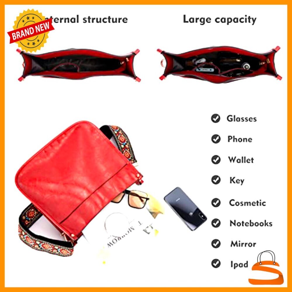 Vegan Leather Crossbody Bag With 2 Guitar Straps, 6 Pockets, Fits Ipad View 6